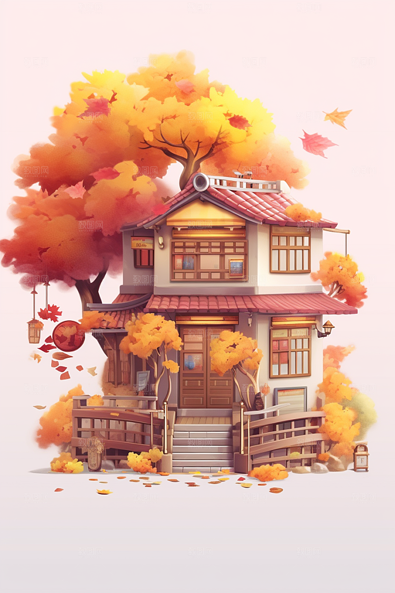 落叶小卖部秋叶小屋插画