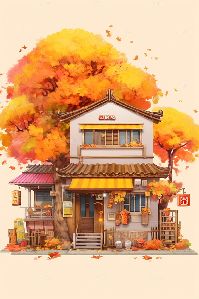 落叶小卖部秋天暖色调插画