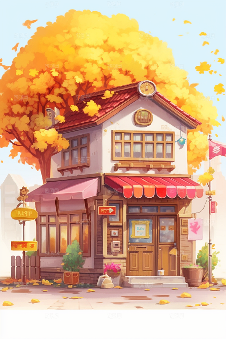 落叶小卖部暖色调小店插画