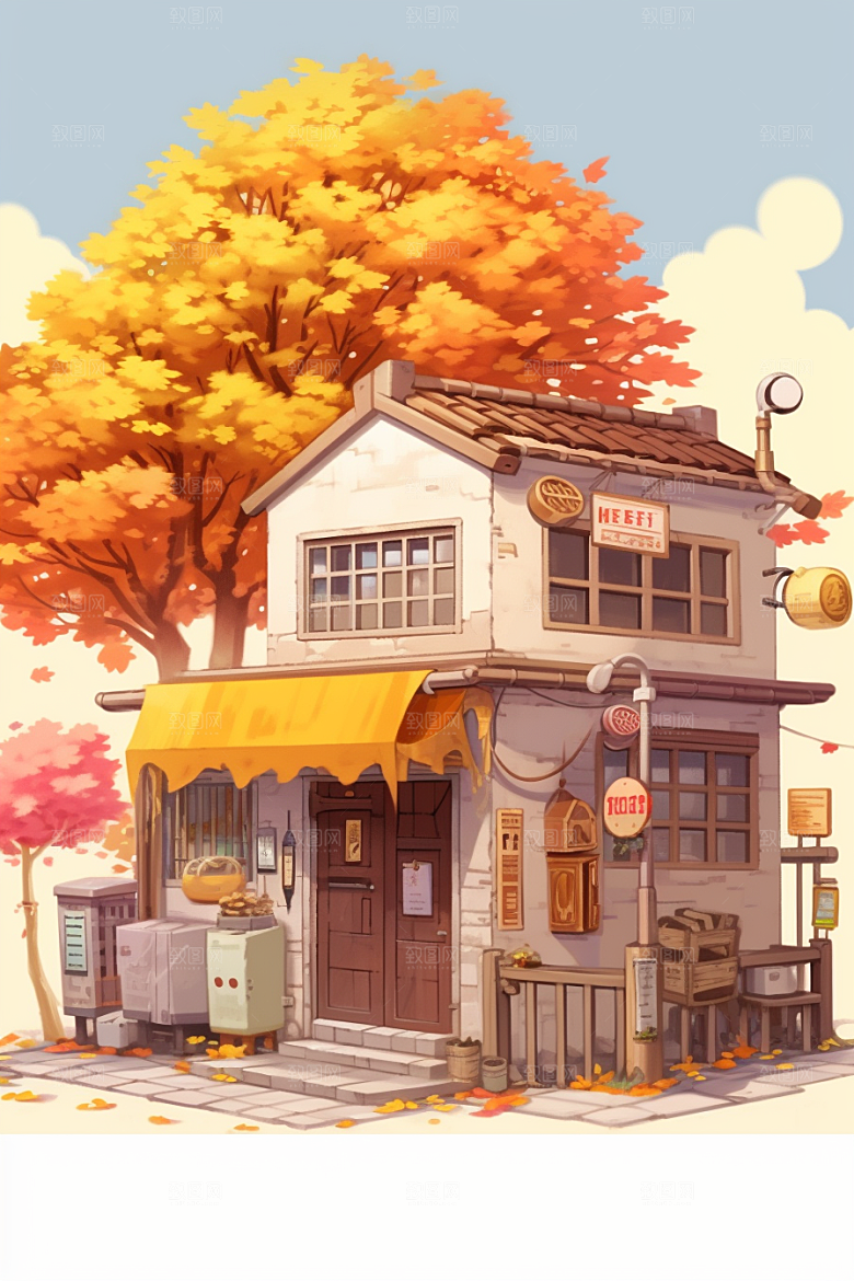 落叶小卖部秋叶小屋插画