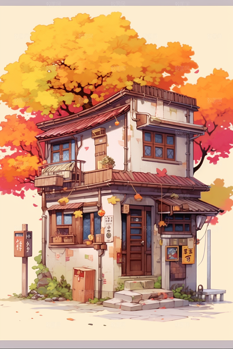 落叶小卖部小店秋叶插画