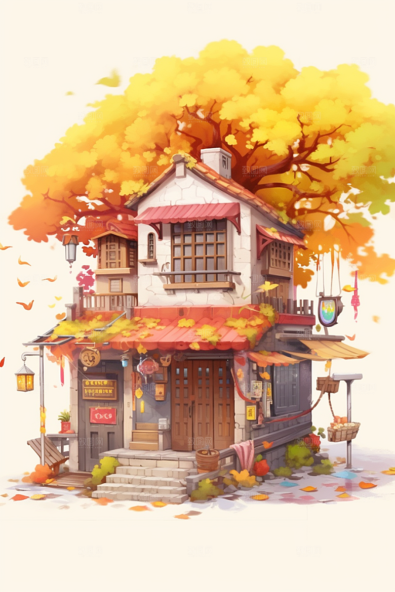 落叶小卖部暖色调秋天插画