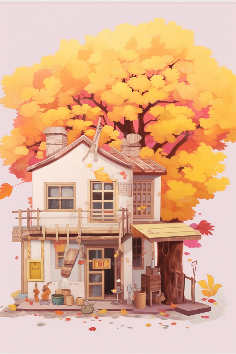 落叶小卖部温馨小屋插画