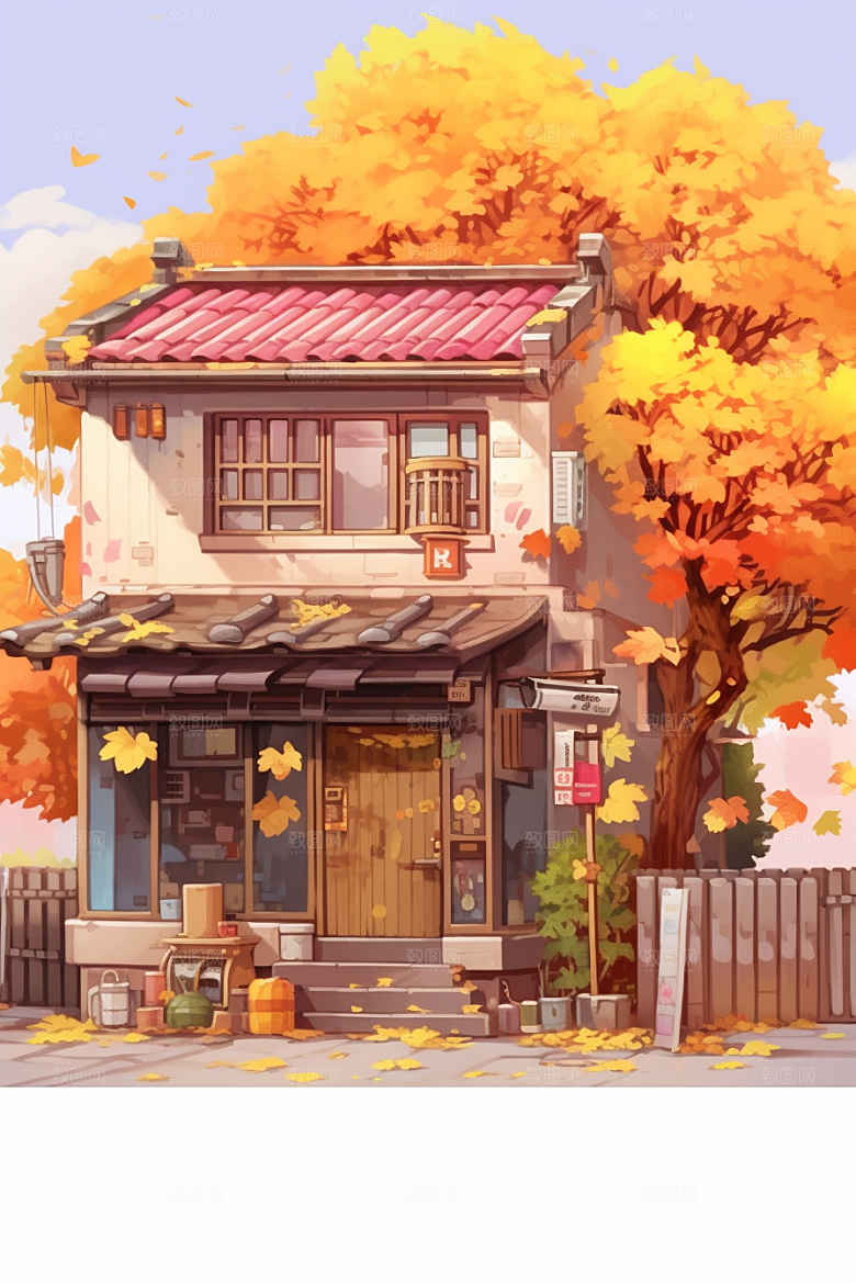 落叶小卖部暖色调温馨插画