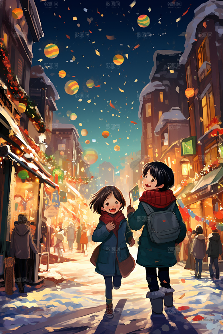 春节买年货快乐采购插画