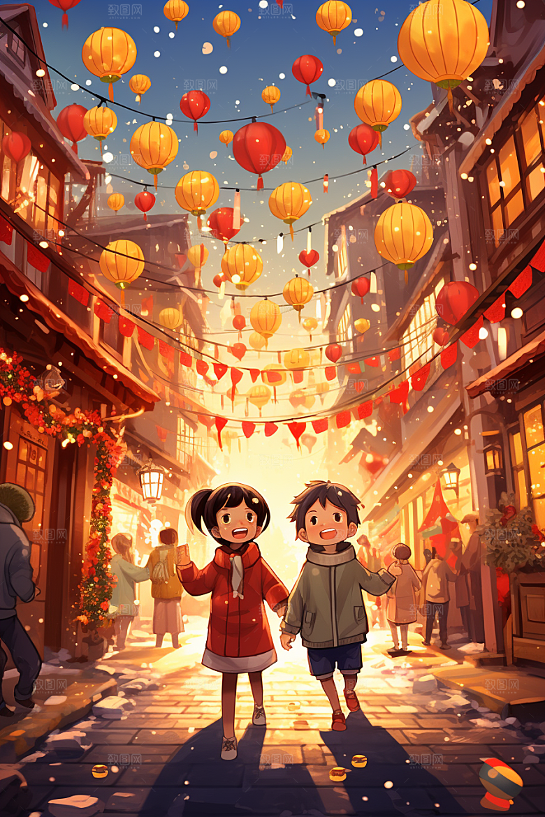 春节买年货过年快乐插画