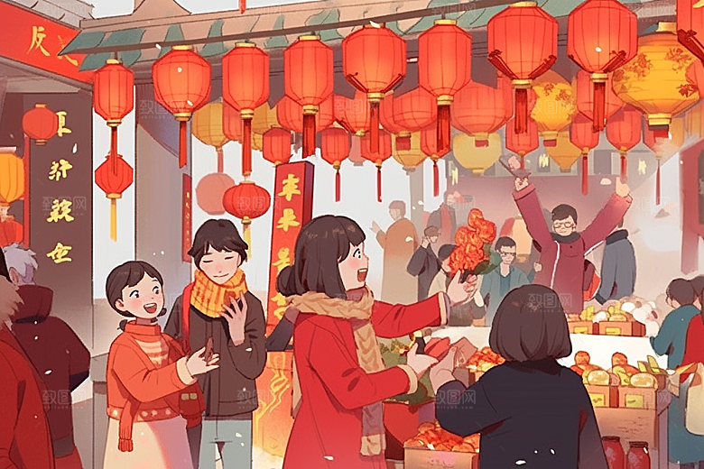 春节买年货高清街市插画