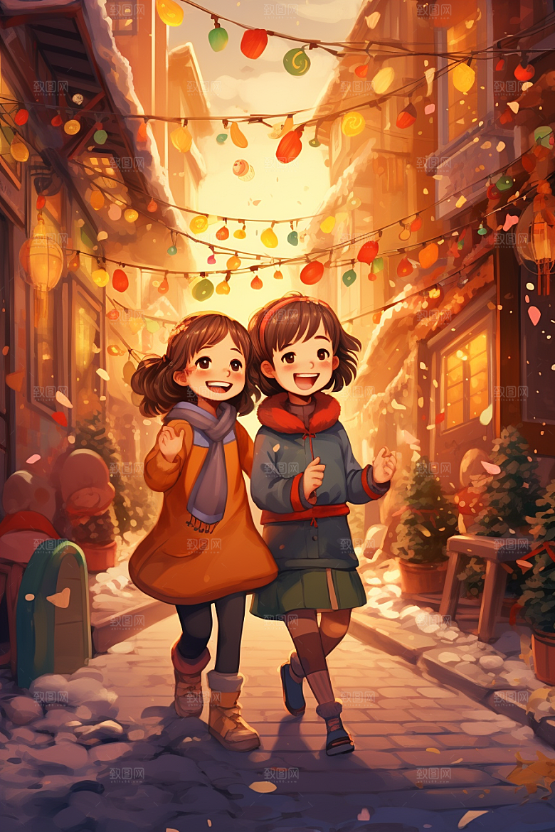 春节买年货街市快乐插画