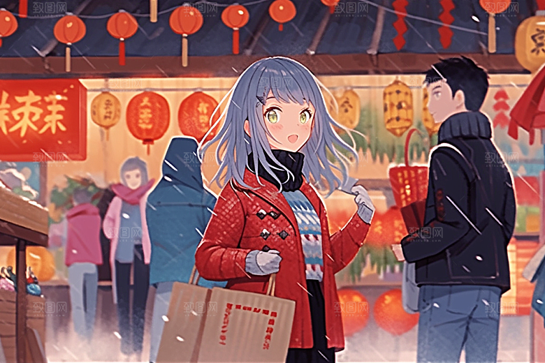 春节买年货购物过年插画