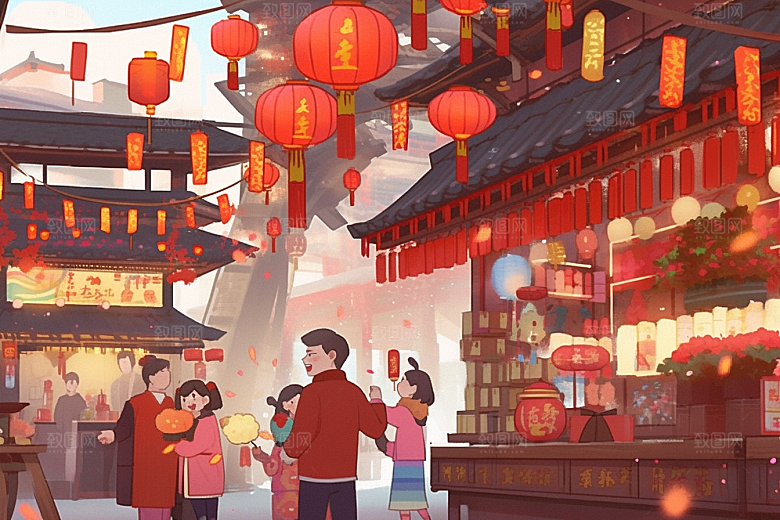 春节买年货购物街市插画