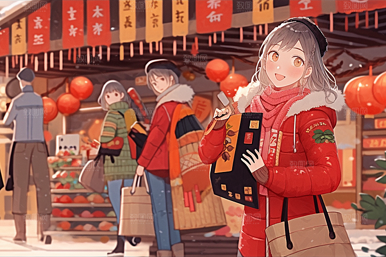 春节买年货购物高清插画