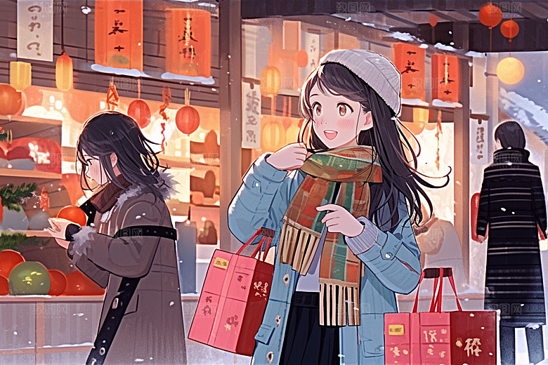春节买年货市集喜庆插画