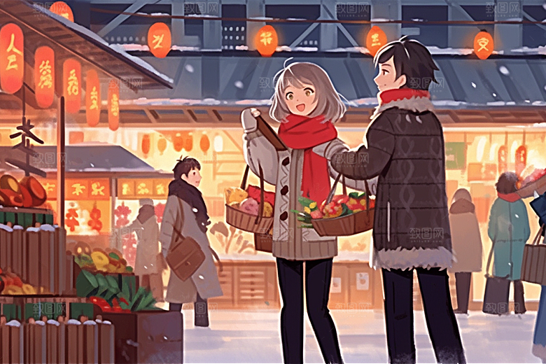 春节买年货喜庆过年插画