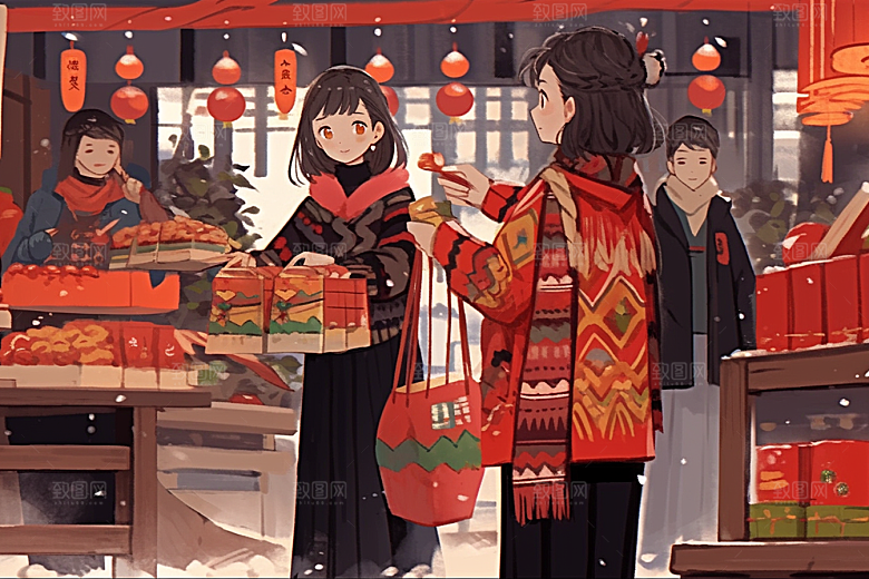 春节买年货过年高清插画