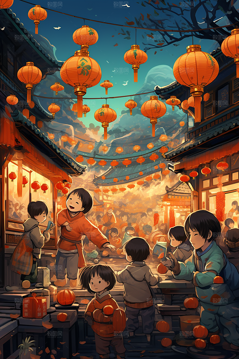 春节买年货开心采购插画