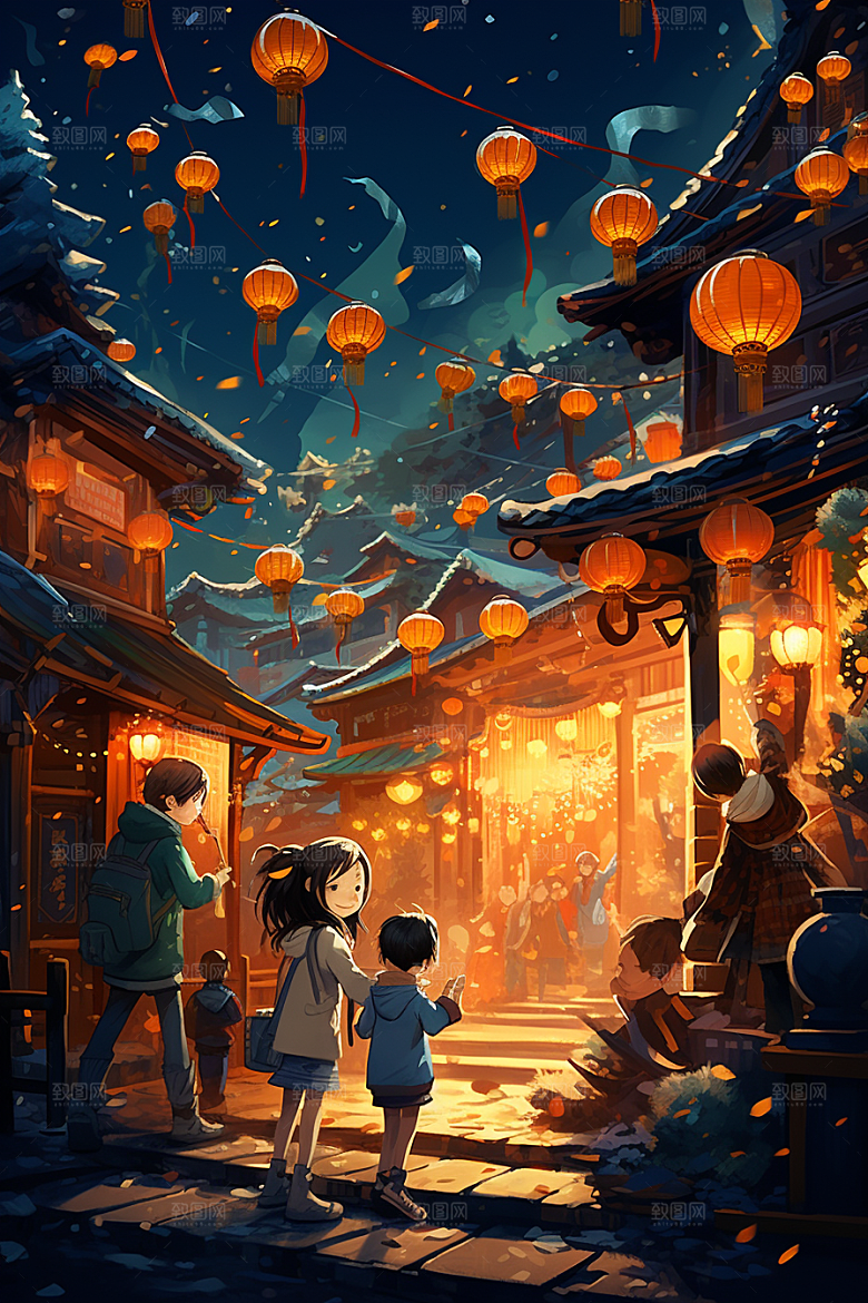 春节买年货手绘街市插画