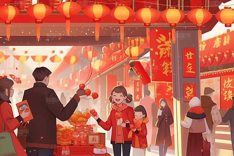 春节买年货喜庆新年插画