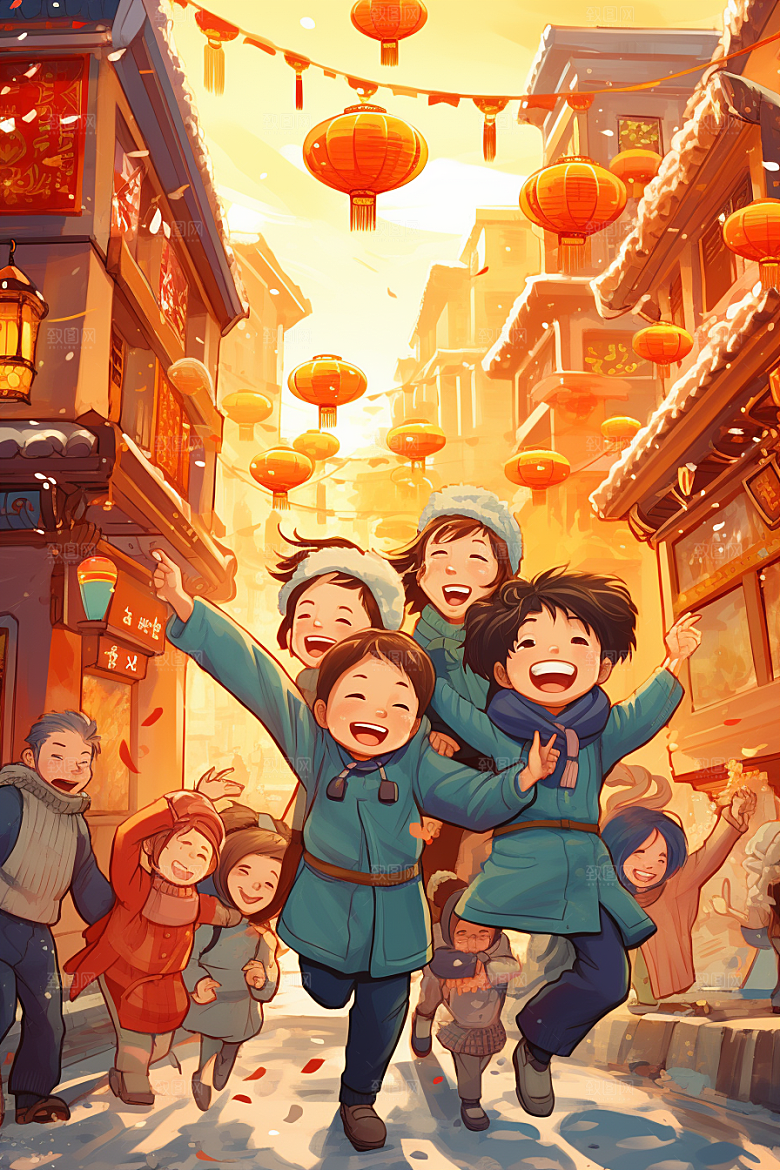 春节买年货购物开心插画