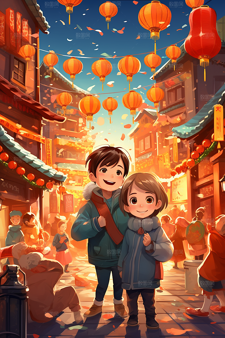 春节买年货市集街市插画