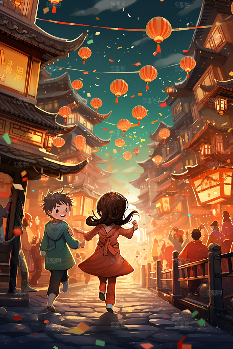 春节买年货街市手绘插画