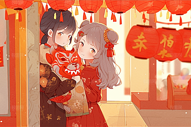 春节买年货快乐开心插画