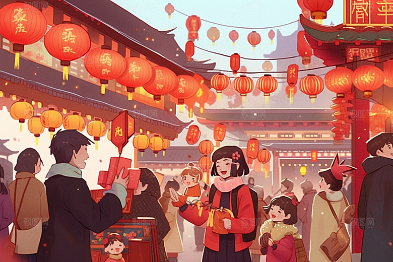 春节买年货开心快乐插画