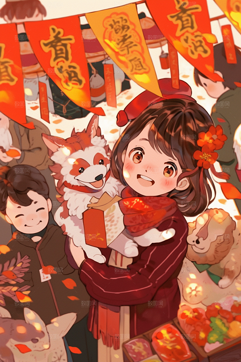 春节买年货手绘喜庆插画