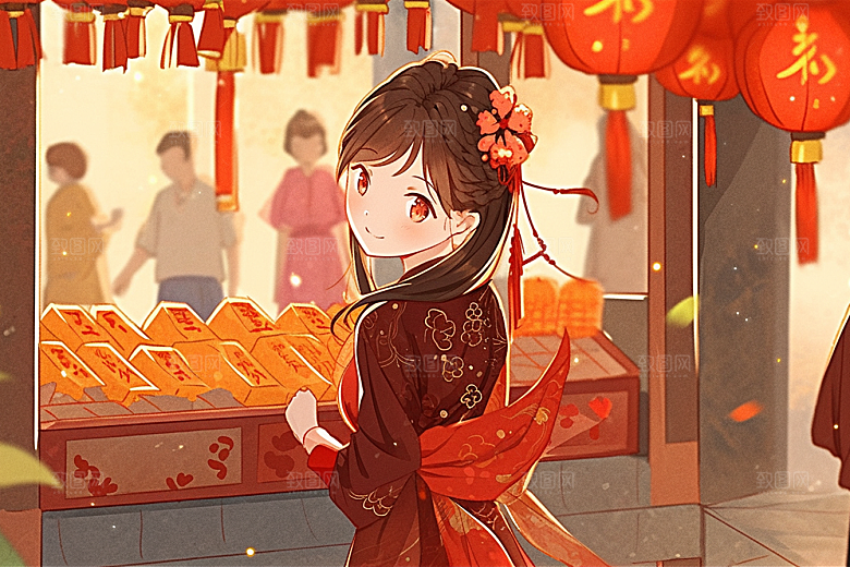 春节买年货市集采购插画