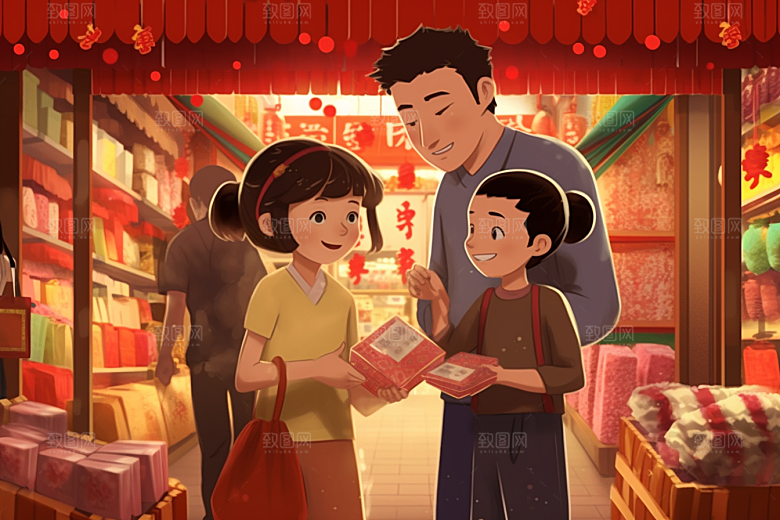 春节买年货喜庆街市插画