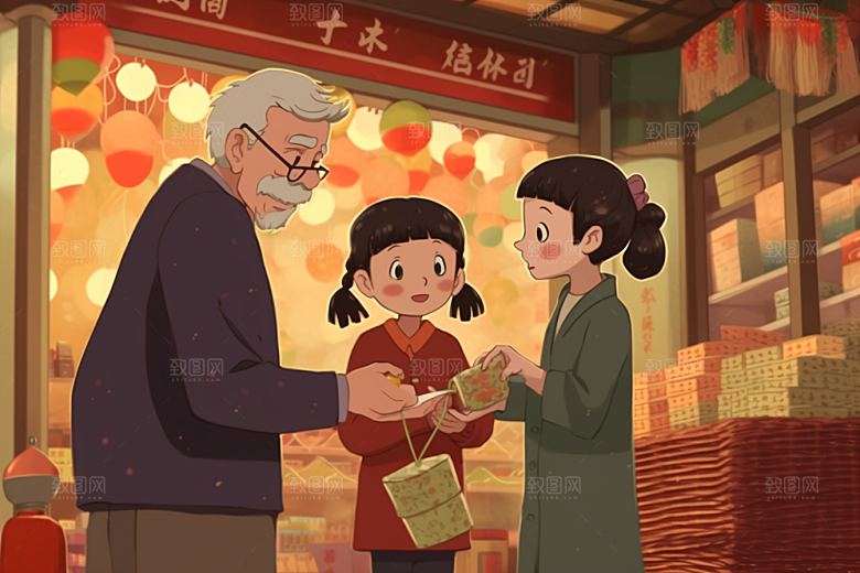 春节买年货过年手绘插画