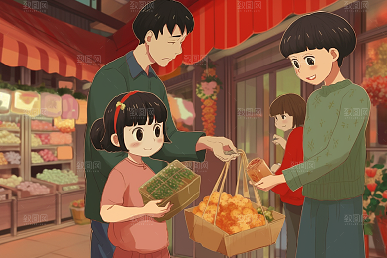 春节买年货手绘街市插画