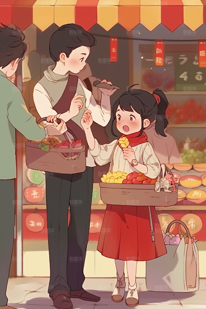春节买年货市集高清插画
