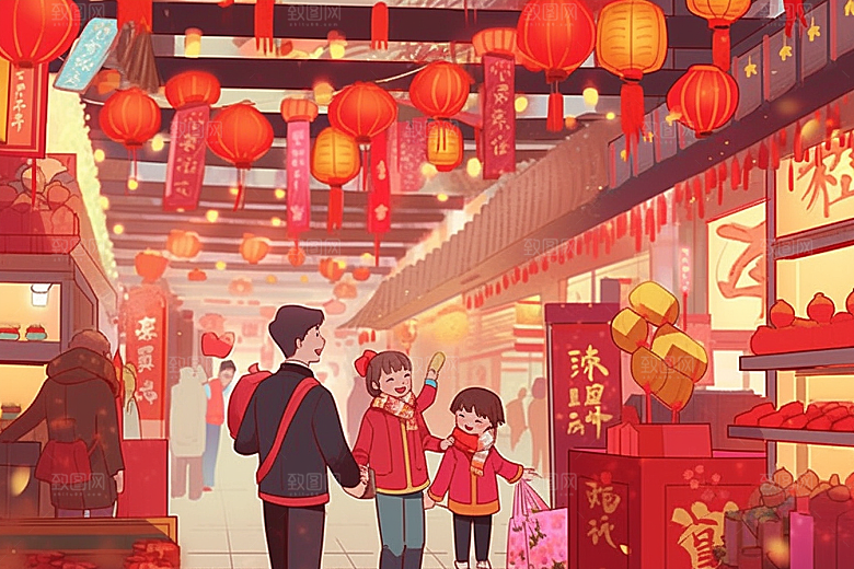 春节买年货购物开心插画