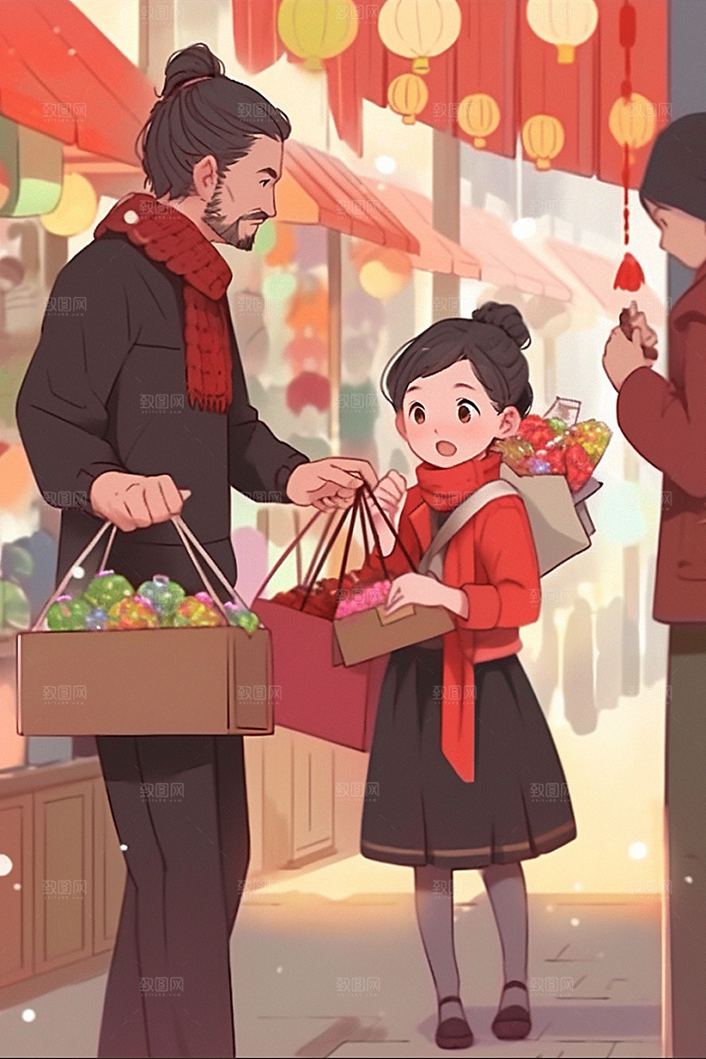 春节买年货市集高清插画