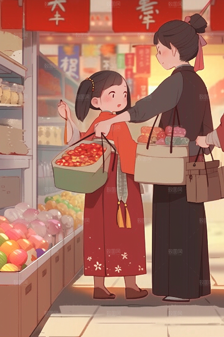 春节买年货喜庆新年插画