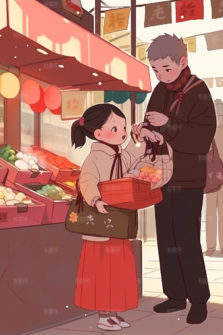 春节买年货过年手绘插画