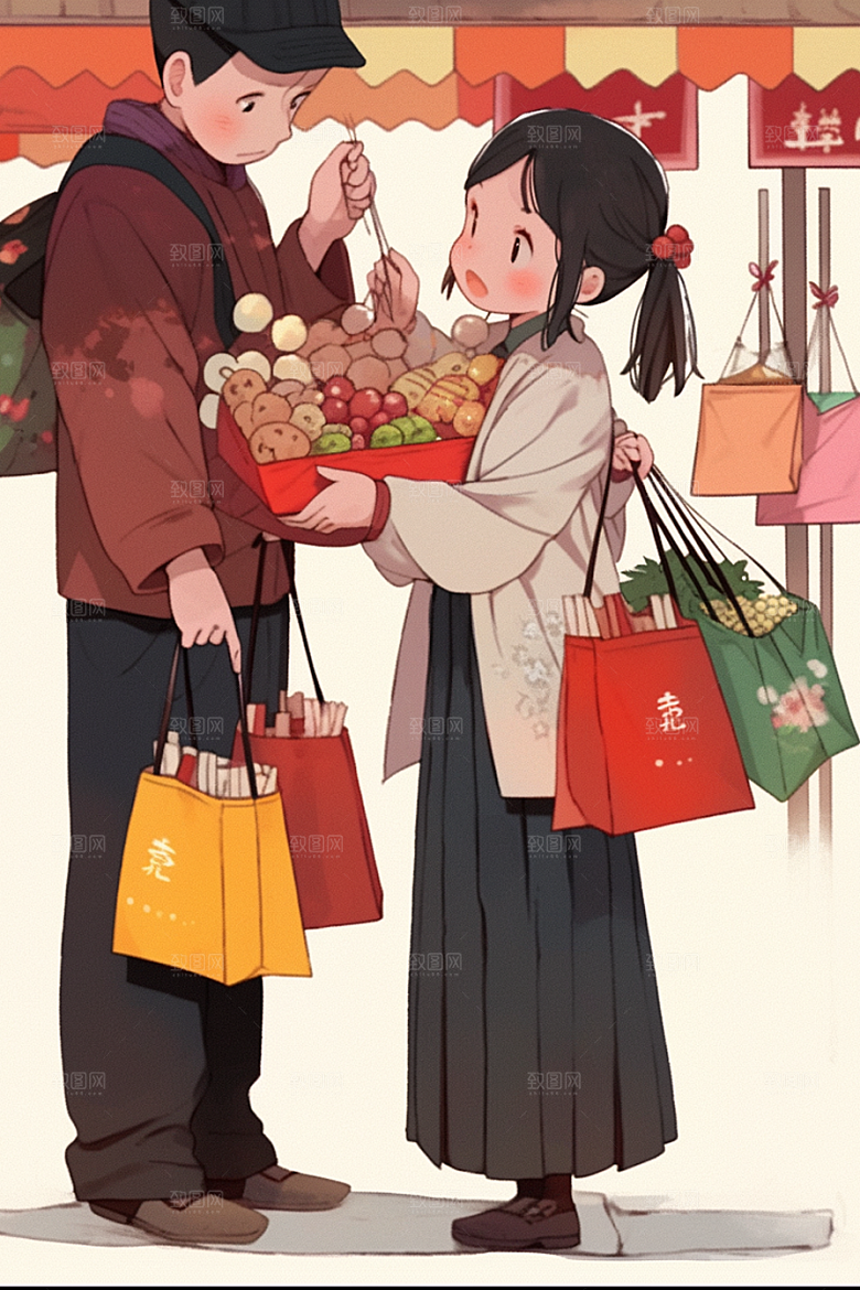 春节买年货街市喜庆插画