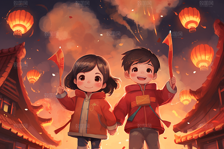 春节买年货喜庆过年插画