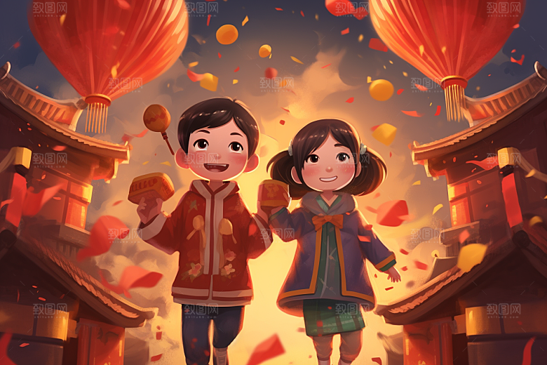 春节买年货采购街市插画