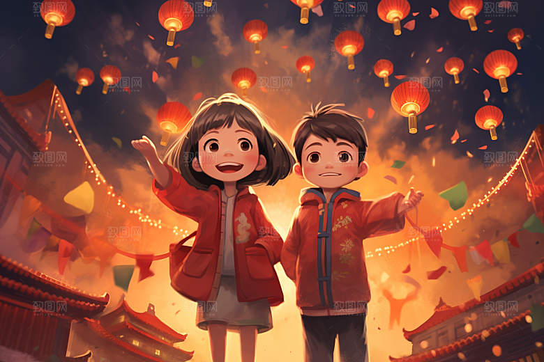 春节买年货快乐手绘插画