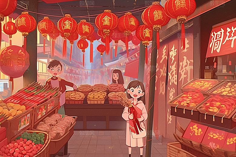 春节买年货过年开心插画