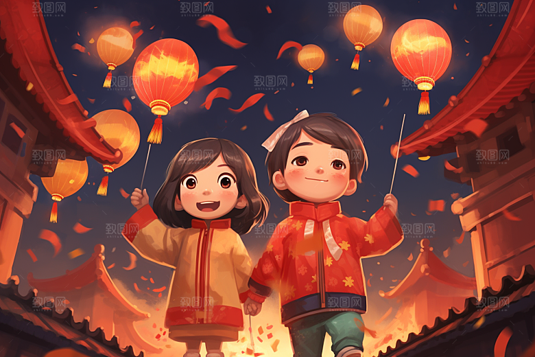 春节买年货喜庆手绘插画