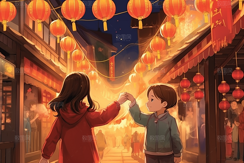春节买年货过年开心插画