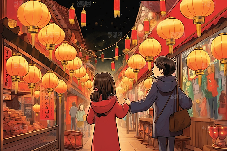春节买年货手绘采购插画