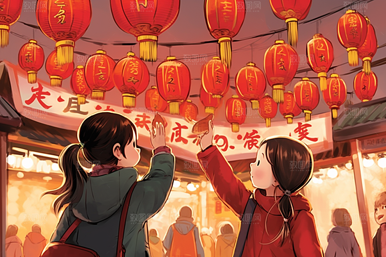 春节买年货喜庆手绘插画