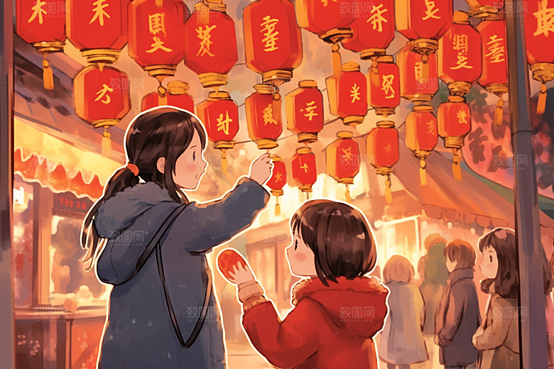 春节买年货市集街市插画