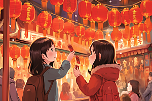 春节买年货街市购物插画