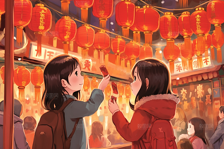 春节买年货街市购物插画