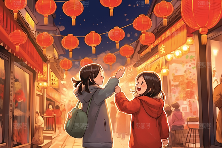 春节买年货快乐购物插画