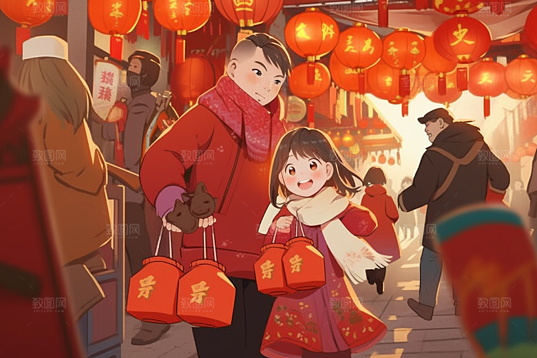 春节买年货开心手绘插画